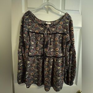 Knox Rose Black Floral Lantern Sleeve Boho Top/Blouse Size S